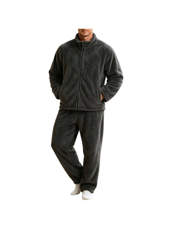 Men’s Fuzzy Fleece Pajama Set, Full‑Zip Stand‑Collar Sleep Jacket with Side Hand Pockets & Long Sleep Pants, Warm Plush 2‑Piece Loungewear Outfit