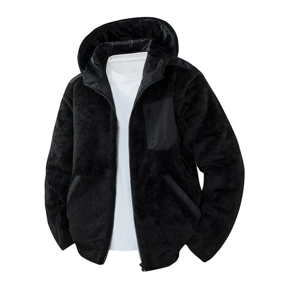 Men's Fuzzy Fleece Warm Jackets Loungewear Heavy Weight Thick Outwear Coats Zip up Hooded Cardigan Coat with Pockets Black L