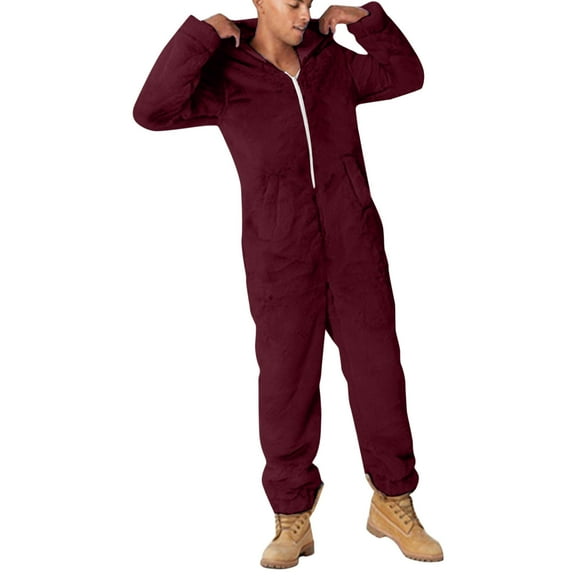 Men's Fuzzy Hooded Onesie Pajamas Warm Plush Fleece Zip Up Jumpsuit Long Sleeve Plus Size One Piece Pajamas with Pocket