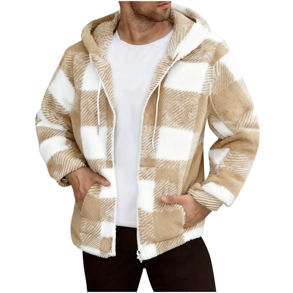 Men's Fuzzy Sherpa Checkered Hoodies Heavyweight Fleece Jacket Zip Up Athletic Sweatshirt Winter Sports Coat