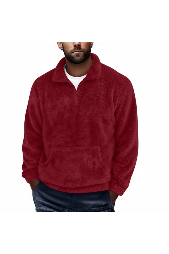 Men's Fuzzy Sherpa Sweatshirt Quarter Zip Fluffy Fleece Pullover Winter Fall Warm Outerwear With Kangaroo Pocket