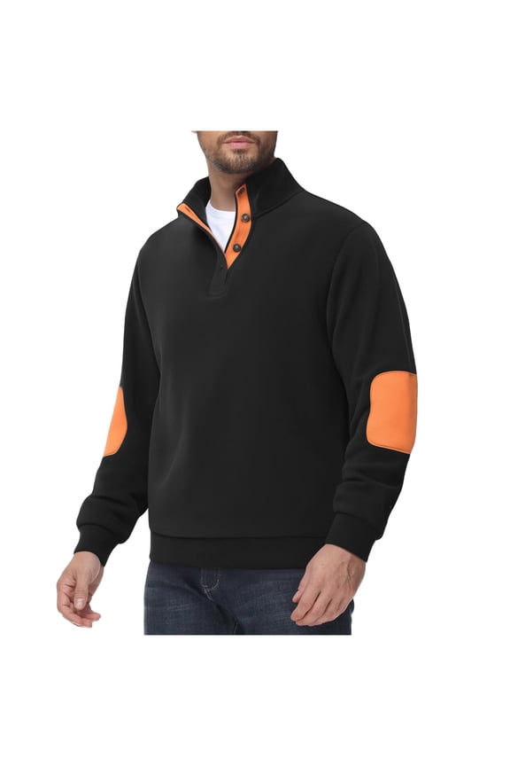 Men's Fuzzy Sherpa Sweatshirts Quarter Button Down Pullover Mock Neck Sweatshirt Outdoor Elbow Patches Tops (XL, Black)