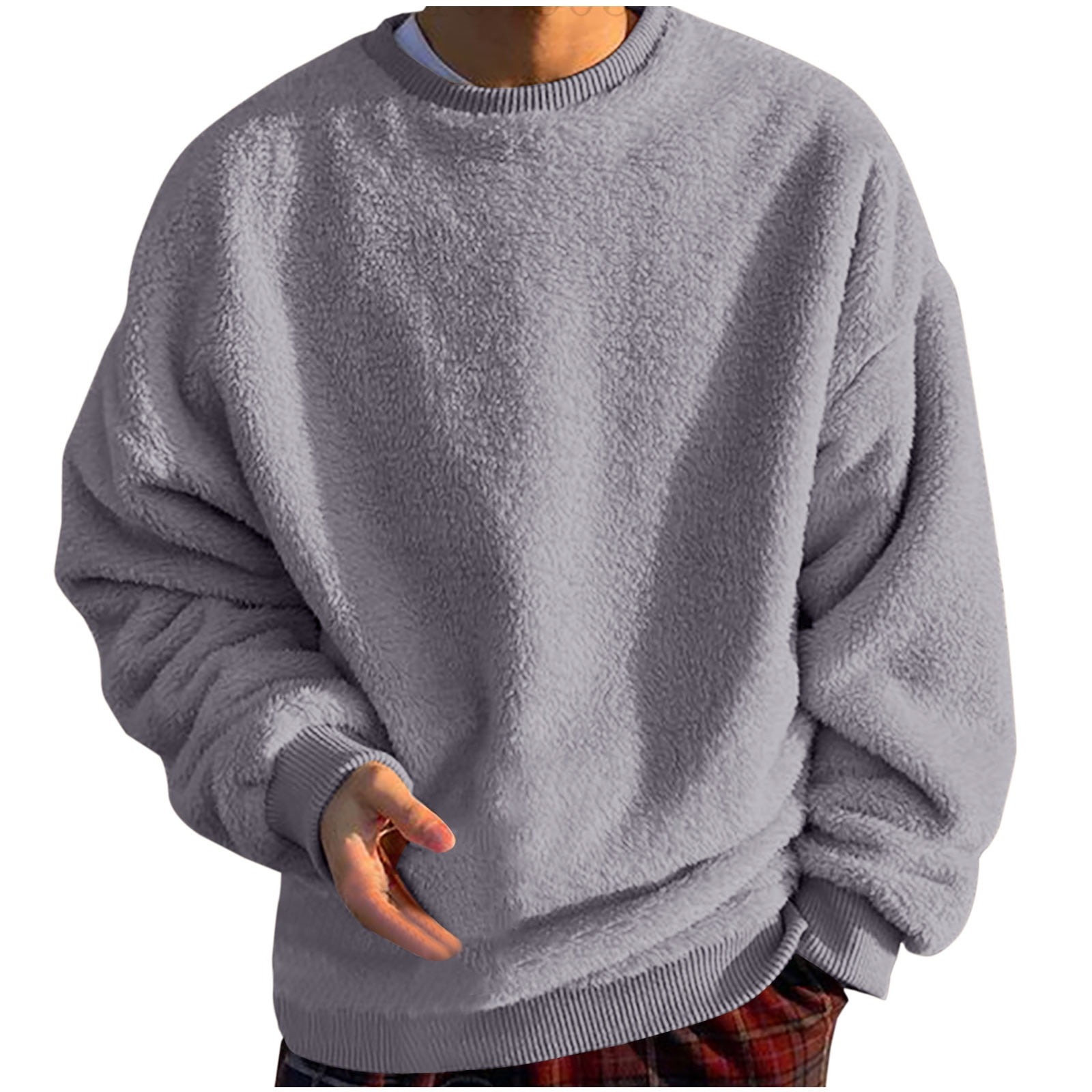 Men s Fuzzy Sweatshirts Long Sleeve Crewneck Casual Loose Oversized Sweatshirts Big Men Plus Size Pullover Tops Gray M