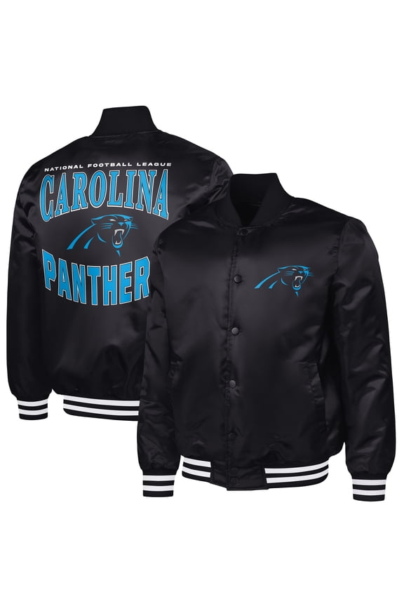 Men's G-III Sports by Carl Banks Black Carolina Panthers Adaptive Team Graphic Satin Full-Snap Varsity Jacket