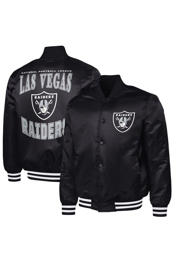 Men's G-III Sports by Carl Banks Black Las Vegas Raiders Adaptive Team Graphic Satin Full-Snap Varsity Jacket