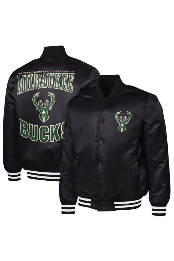 Men's G-III Sports by Carl Banks Black Milwaukee Bucks Adaptive Bold Logo Satin Varsity Jacket