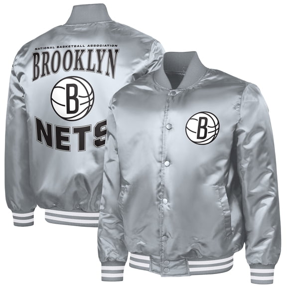 Men's G-III Sports by Carl Banks Gray Brooklyn Nets Adaptive Bold Logo Satin Varsity Jacket