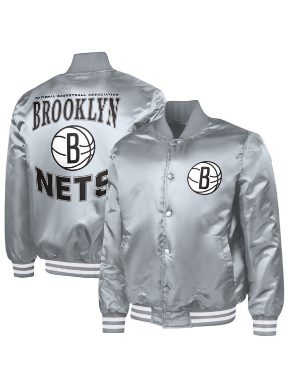 Men's G-III Sports by Carl Banks Gray Brooklyn Nets Adaptive Bold Logo Satin Varsity Jacket