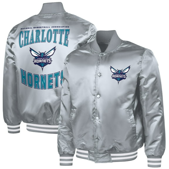 Men's G-III Sports by Carl Banks Gray Charlotte Hornets Adaptive Bold Logo Satin Varsity Jacket