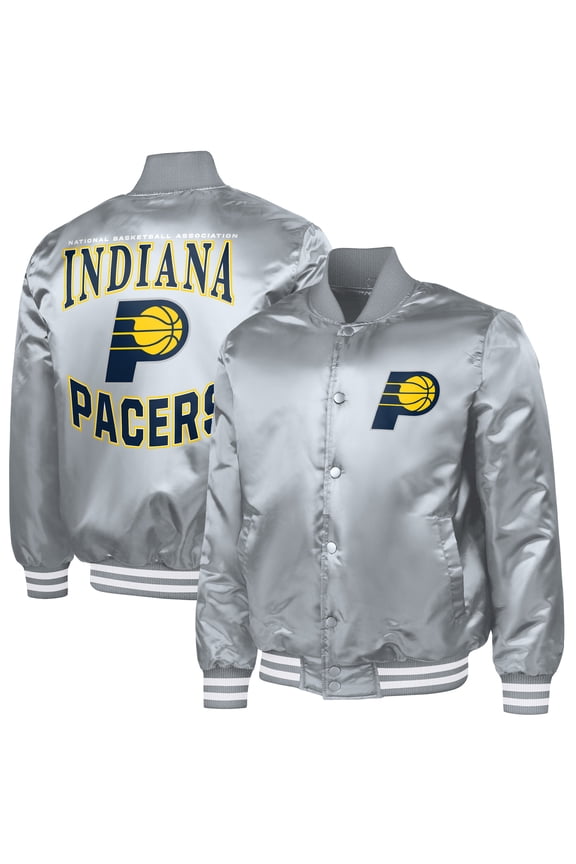 Men's G-III Sports by Carl Banks Gray Indiana Pacers Adaptive Bold Logo Satin Varsity Jacket