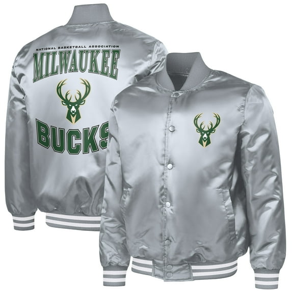 Men's G-III Sports by Carl Banks Gray Milwaukee Bucks Adaptive Bold Logo Satin Varsity Jacket