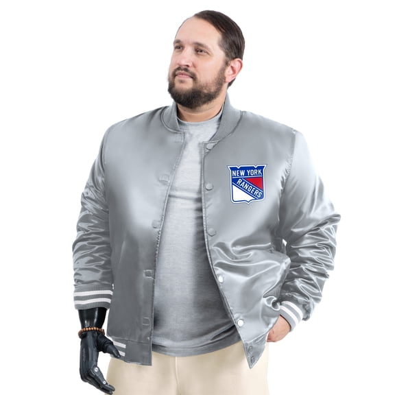 Men's G-III Sports by Carl Banks Gray New York Rangers Adaptive Bold Logo Satin Full-Snap Varsity Jacket