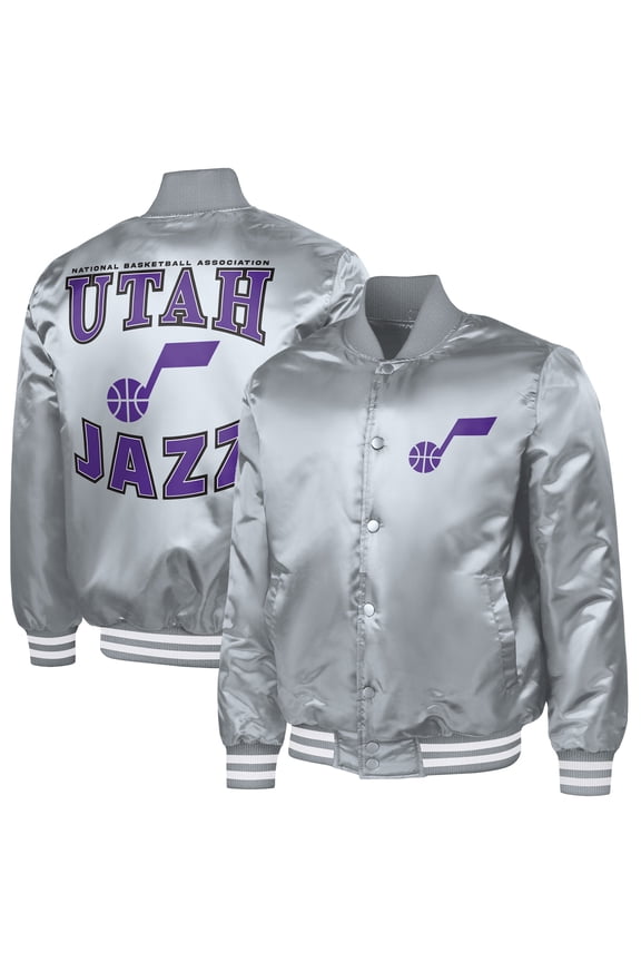 Men's G-III Sports by Carl Banks Gray Utah Jazz Adaptive Bold Logo Satin Varsity Jacket