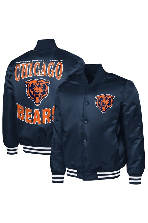 Men's G-III Sports by Carl Banks Navy Chicago Bears Adaptive Team Graphic Satin Full-Snap Varsity Jacket