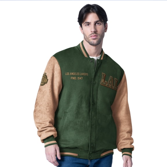 Men's G-III Sports by Carl Banks Olive Los Angeles Lakers Infielder Faux Suede Full-Zip Varsity Jacket