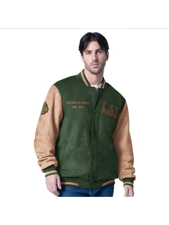 Men's G-III Sports by Carl Banks Olive Los Angeles Lakers Infielder Faux Suede Full-Zip Varsity Jacket