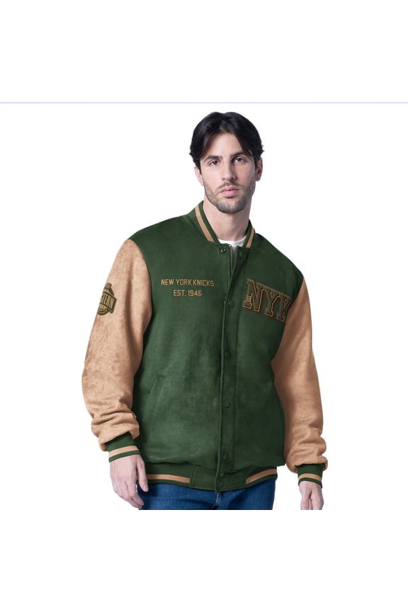 Men's G-III Sports by Carl Banks Olive New York Knicks Infielder Faux Suede Full-Zip Varsity Jacket