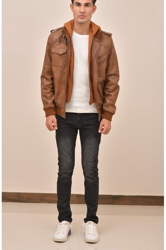 Men's GENUINE Leather Jacket with Removable Fleece Hood.