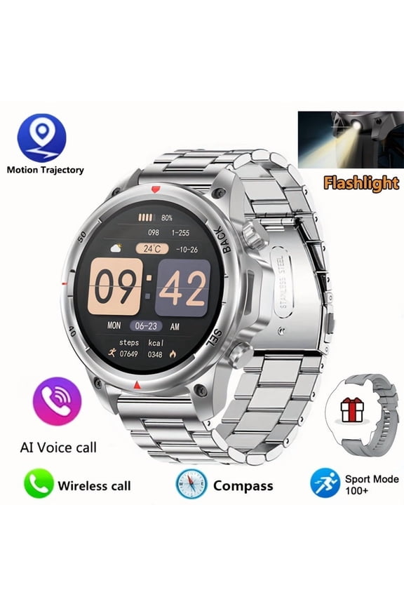 Men's GPS Smart Watch - 360° HD Screen with LED Backlight, AI Voice, Wireless Calls/NFC, Compass, Multiple Sports Modes, Stainless Steel/Silicone Band, Outdoor Fitness Tracker, Android Compatible