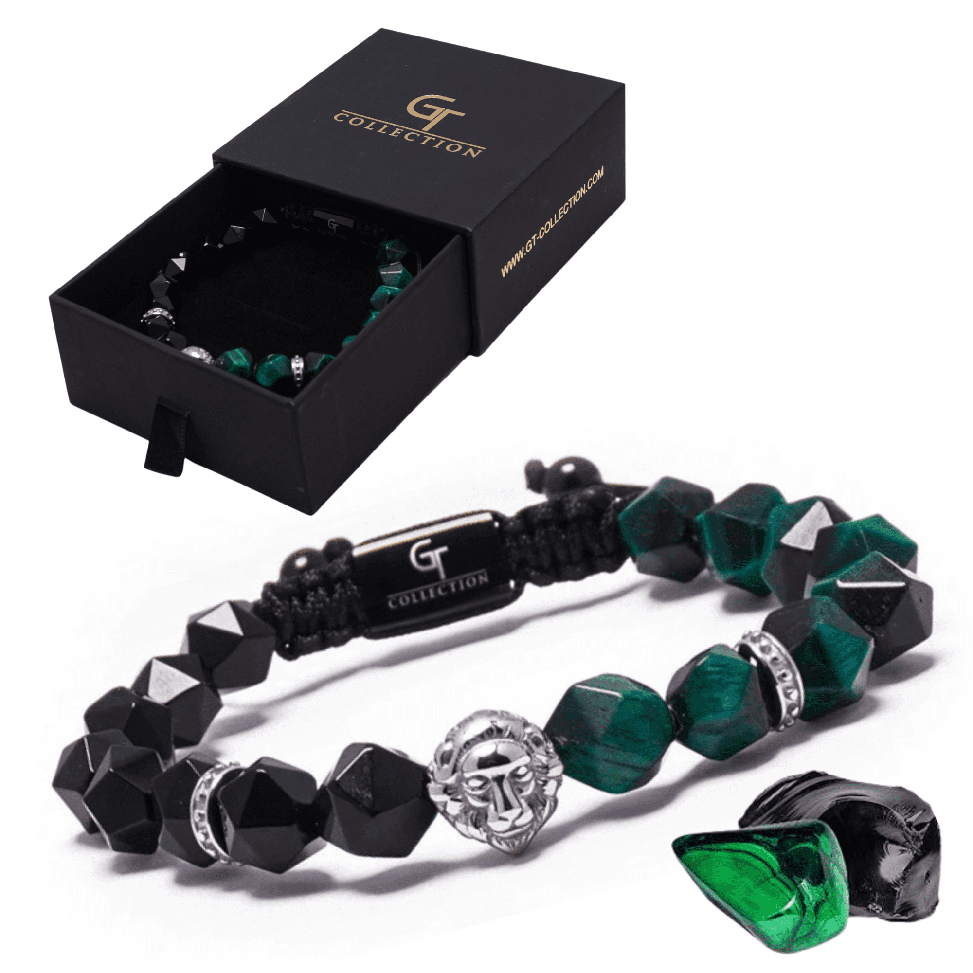 Men's GREEN TIGER EYE, ONYX Bracelet with Silver LION Head | Gift for Men | One Size Fits All | 100% Natural | Gemstone Adjustable Bracelet