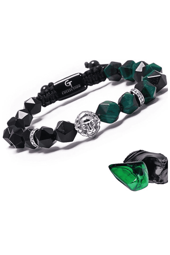 Men's GREEN TIGER EYE, ONYX Bracelet with Silver LION Head | Gift for Men | One Size Fits All | 100% Natural | Gemstone Adjustable Bracelet