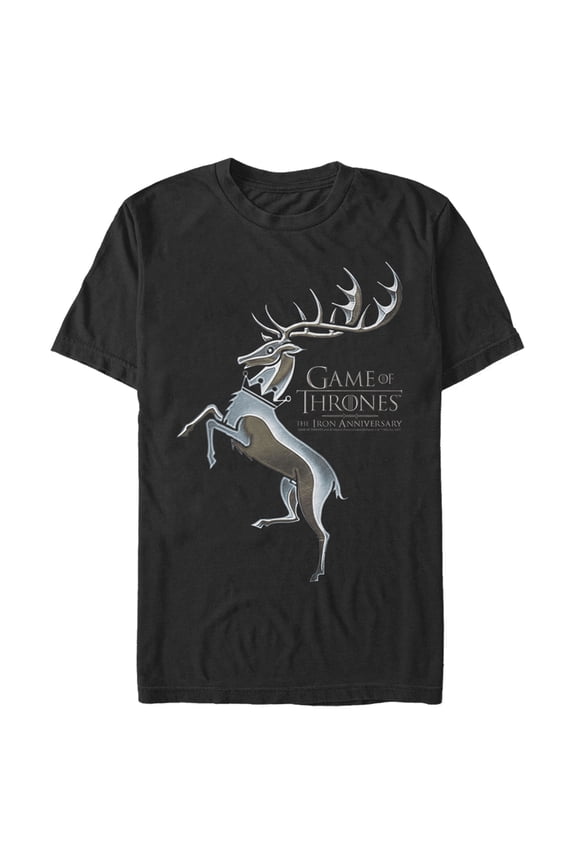 Men's Game of Thrones Iron Anniversary Baratheon Metal Stag Crest Graphic Tee Black 3X Large