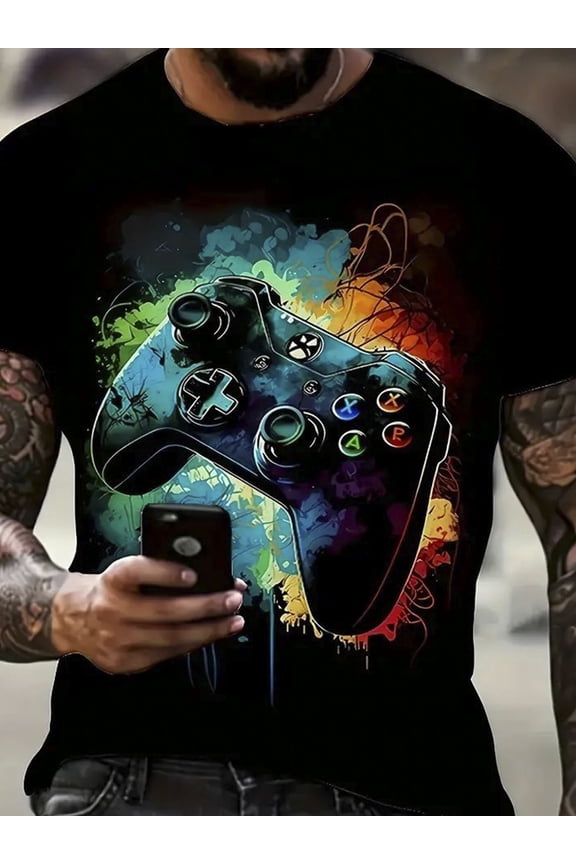 Men's Gaming Controller Graphic T-Shirt - 100% Cotton Loose Fit Casual Short Sleeve Round Neck Tee with Vibrant Print, Machine Washable for Everyday & Outdoor Wear, Gamer T Shirt, Gaming Fan Apparel