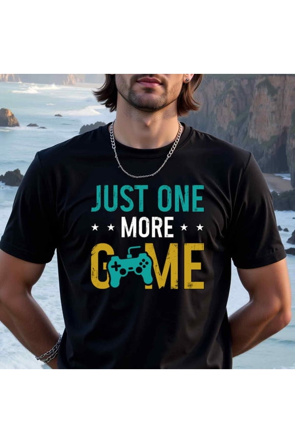 Men's Gaming T-Shirt - Just One More Game Tee - Black with Controller Graphic - Heavyweight 180gsm Cotton Crew Neck Shirt - All-Season Casual Gamer Apparel - Ideal Video Game Lover Gift, Leisure Clo