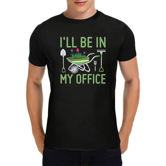 "Men's Gardening Enthusiast T-Shirt - 'I'LL BE IN MY OFFICE' With Tools & Plant Cart Graphic - Comfortable Black Cotton Tee"