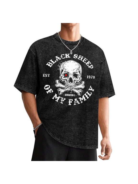 Men's Gen X ( 1970) T-Shirt - 180gsm Heavyweight Casual Round Neck Short Sleeve Tee with Black Sheep of My Family Generation X Washed Tee