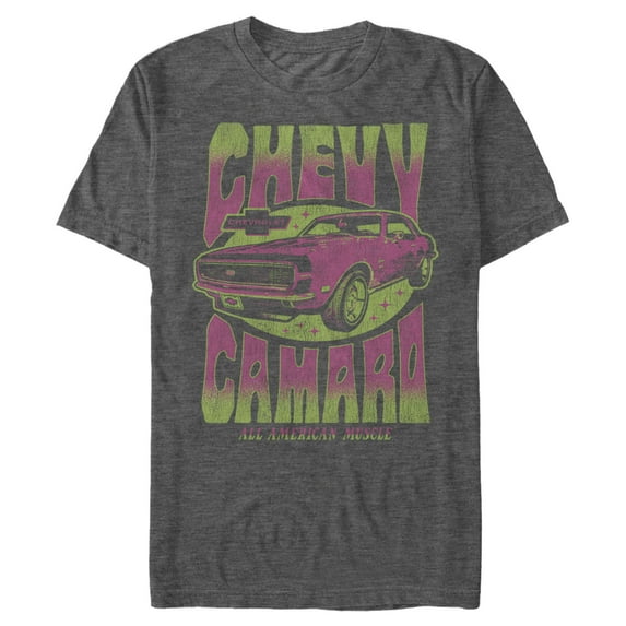 Men's General Motors Retro Pink and Green Chevy Camaro Graphic Tee Charcoal Heather Large