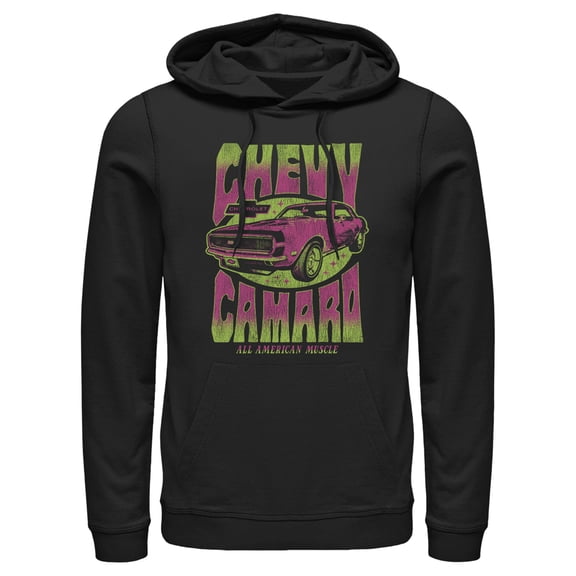 Men's General Motors Retro Pink and Green Chevy Camaro  Pull Over Hoodie Black Large