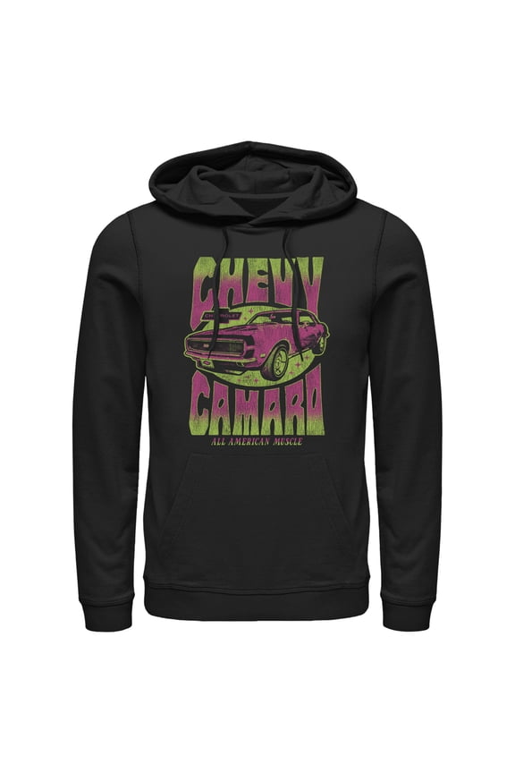 Men's General Motors Retro Pink and Green Chevy Camaro Pull Over Hoodie Black X Large