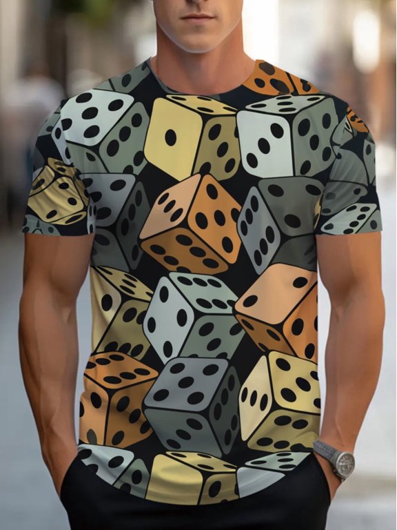 Men's Generation T-Shirt - Big Dice Printed T-Shirt, Transparent Summer Short Sleeve Shirt, Suitable for Fitness, Going Out Daily Wear, Still Fabrics, Trendy Grid
