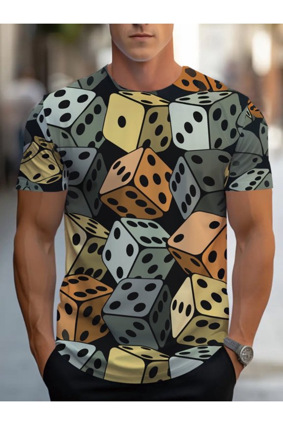 Men's Generation T-Shirt - Big Dice Printed T-Shirt, Transparent Summer Short Sleeve Shirt, Suitable for Fitness, Going Out Daily Wear, Still Fabrics, Trendy Grid