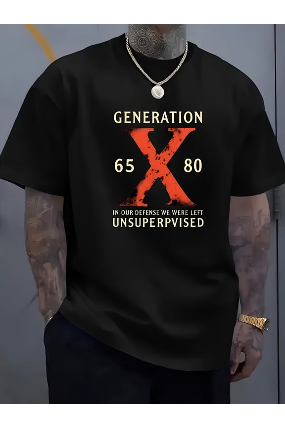 Men's Generation X Graphic T-Shirt - Lightweight Breathable Summer Casual Round Neck Tee with "GENERATION" & "X" Print, X-Design for Gen X Fans, Machine Washable, Hot Transfer Style