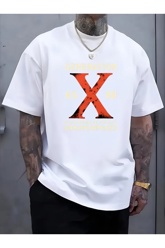 Men's Generation X Graphic T-Shirt - Lightweight Breathable Summer Casual Round Neck Tee with "GENERATION" & "X" Print, X-Design for Gen X Fans, Machine Washable, Hot Transfer Style