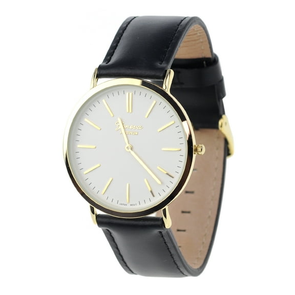 Men's Geneva Japanese Movement Stainless Steel Back Genuine Leather Strap Watch - Black/White