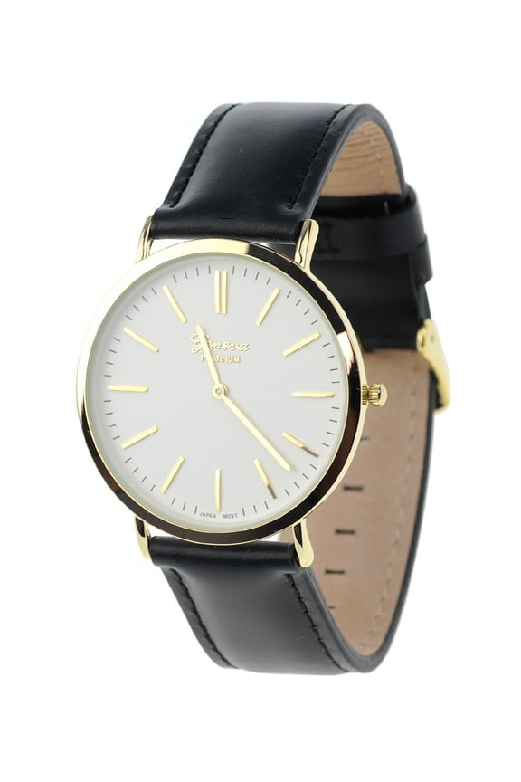 Men's Geneva Japanese Movement Stainless Steel Back Genuine Leather Strap Watch - Black/White