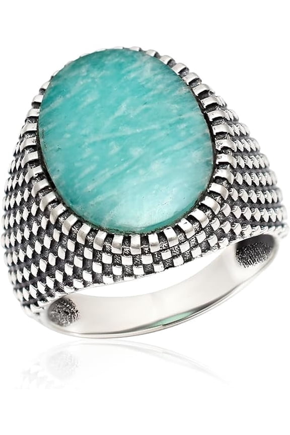 Men’s Genuine Amazonite Pinky Ring in 925 Sterling Silver, Handmade Vintage Oval Signet Ring, Statement Jewelry Gift for Him