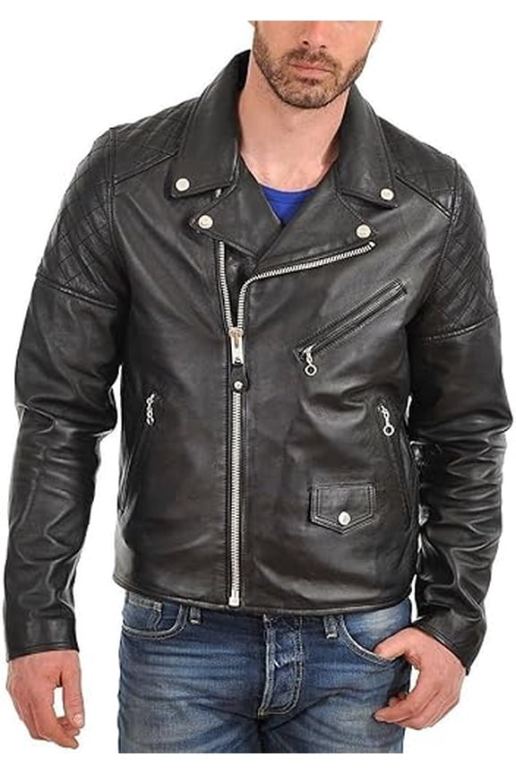 Men's Genuine Black Lambskin Leather Jacket Motorcycle Biker Jacket A439