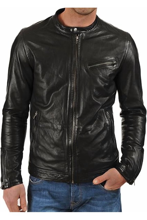 Men's Genuine Black Lambskin Leather Jacket Motorcycle Biker Jacket A580