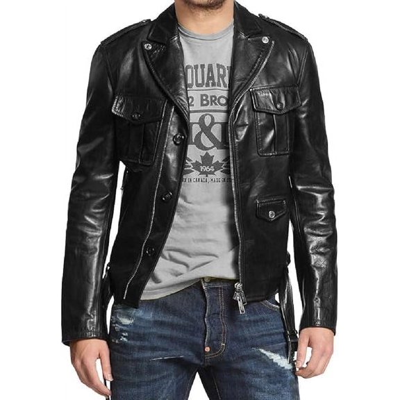 Men's Genuine Black Lambskin Leather Jacket Motorcycle Biker Jacket A854