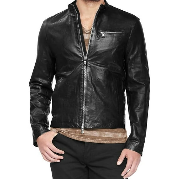 Men's Genuine Black Lambskin Leather Jacket Motorcycle Biker Jacket A887