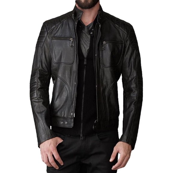 Men's Genuine Black Lambskin Leather Jacket Motorcycle Biker Zipper Jacket A901