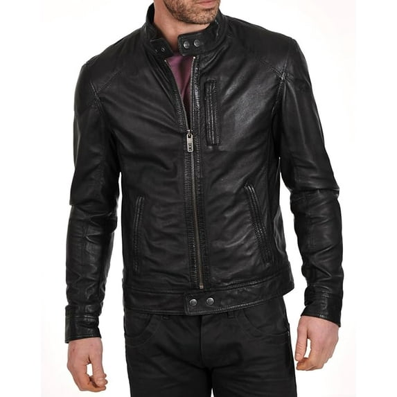 Men's Genuine Black Lambskin Leather Jacket Slim fit Biker Motorcycle jacket A767