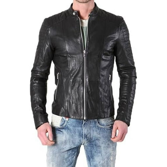 Men's Genuine Black Lambskin Leather Jacket Slim fit Moto Biker jacket A754