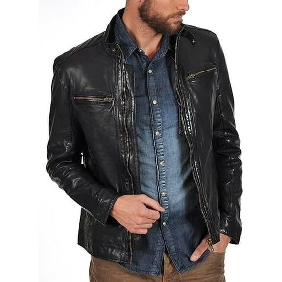 Men's Genuine Black Lambskin Leather Jacket Slim fit Motorcycle jacket A445