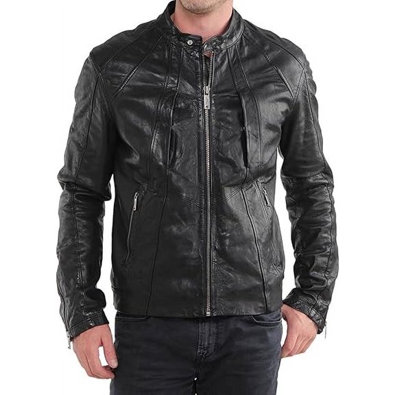 Men's Genuine Black Lambskin Leather Jacket Slim fit Motorcycle jacket A738