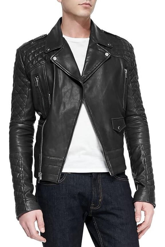 Men's Genuine Black Lambskin Quilted Leather Jacket Slim fit Biker Motorcycle jacket A844